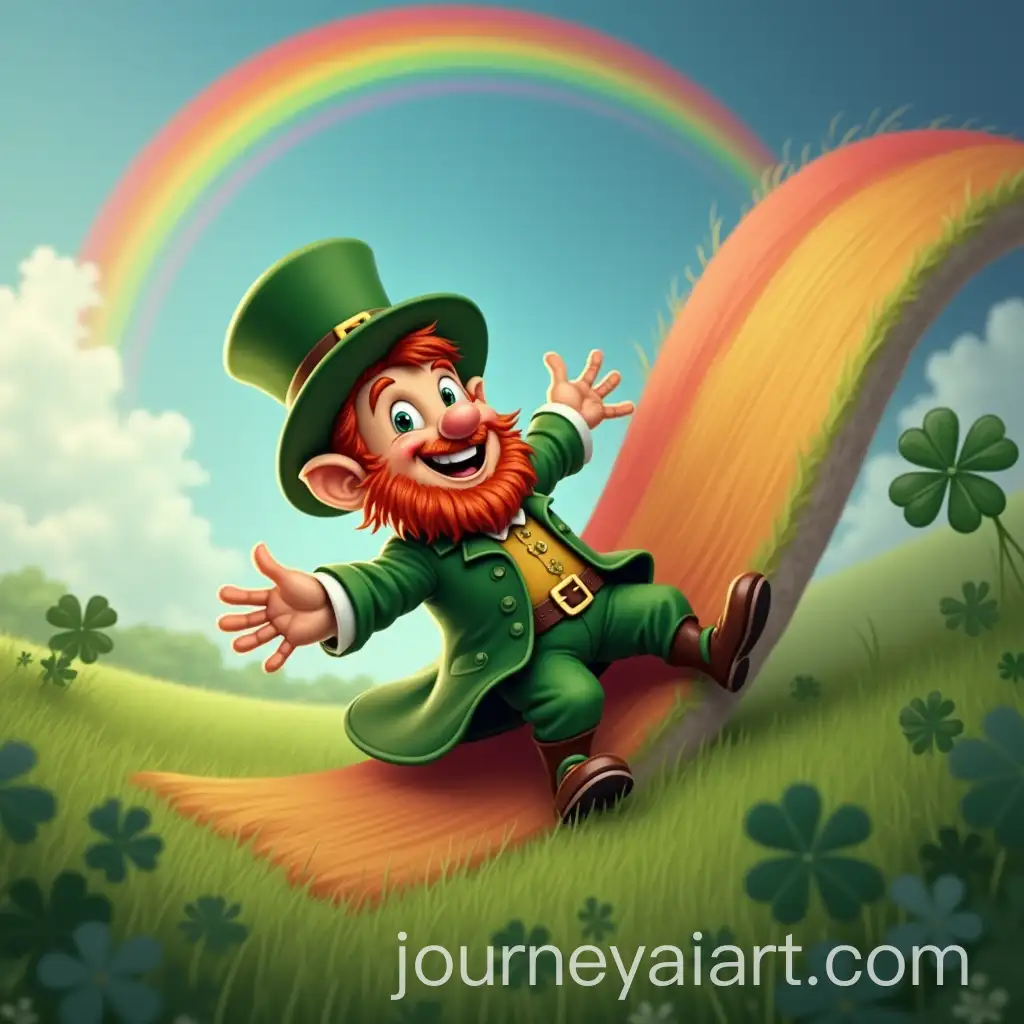 Leprechaun-Sliding-Down-Rainbow-in-a-Whimsical-Scene