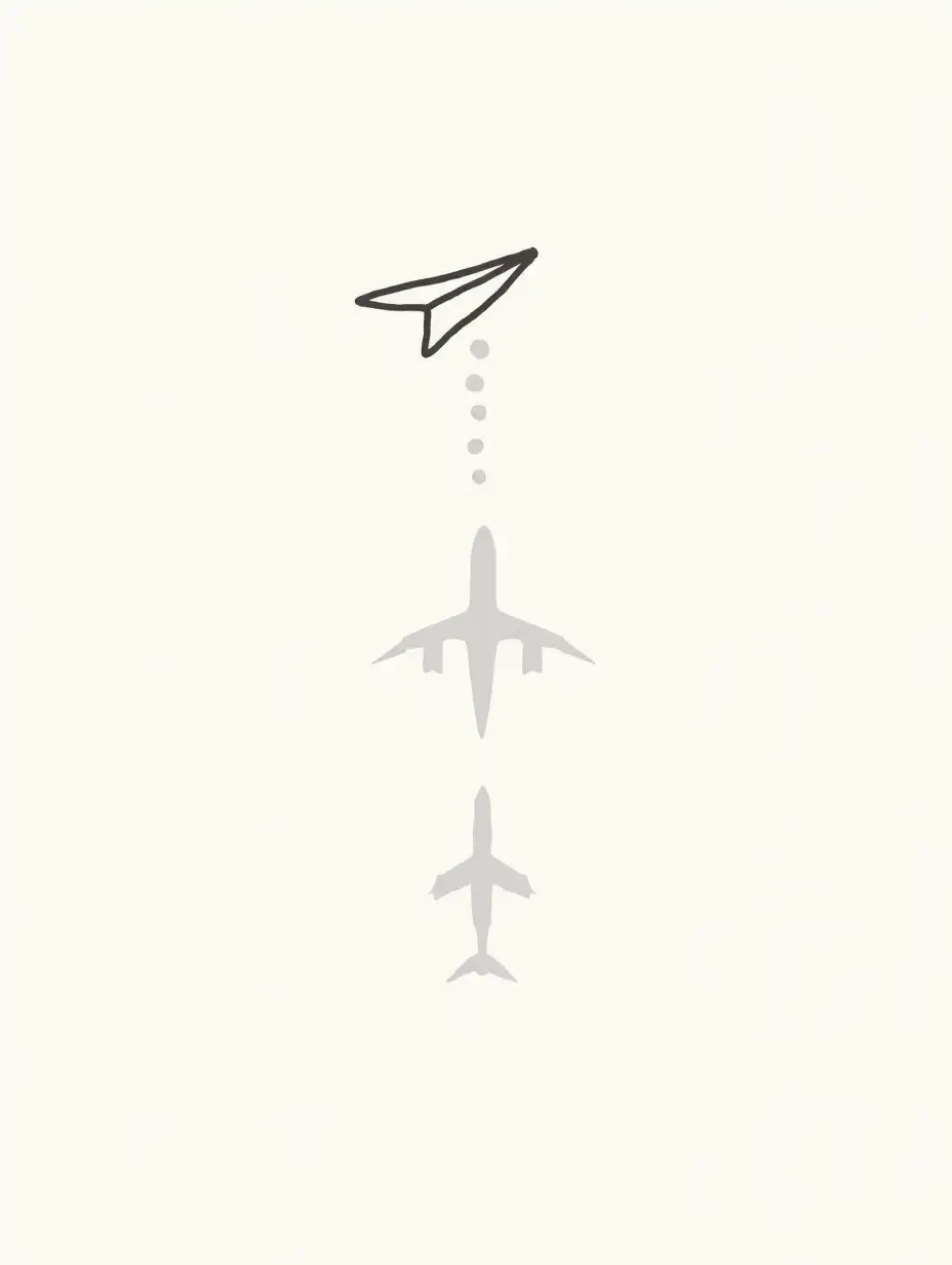 A minimalistic illustration depicting a stylized paper airplane in black line art, positioned at the top of the image. Beneath it, a subtle gray shadow of a commercial airplane is rendered, creating a sense of depth. The background is a textured off-white, reminiscent of watercolor paper, adding a tactile quality to the overall design. The stark contrast between the black lines and the muted gray shadow evokes a clean, modern aesthetic. The composition is centered, allowing the viewer’s attention to flow between the paper airplane and its shadow, suggesting themes of travel, imagination, and flight. The lighting is soft, enhancing the paper-like texture while maintaining a serene and airy atmosphere, reminiscent of creativity in motion. The overall mood is light and inspirational, hinting at the notion of dreams taking flight.