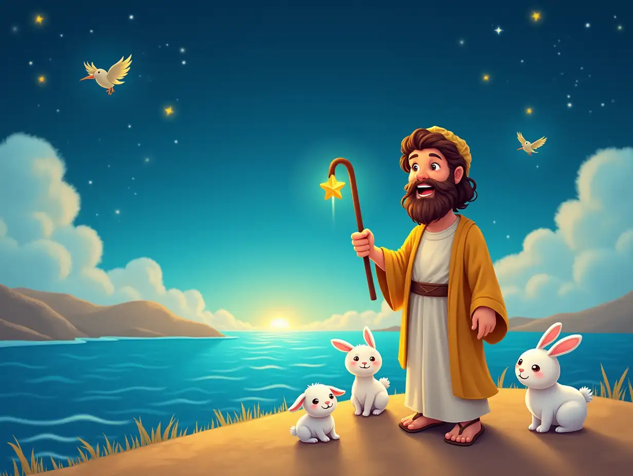 In the starry sky, Moses is standing by the Red Sea, surrounded by cute little animals such as lambs, birds and rabbits. Moses is smiling, holding a magical stick in his hand.