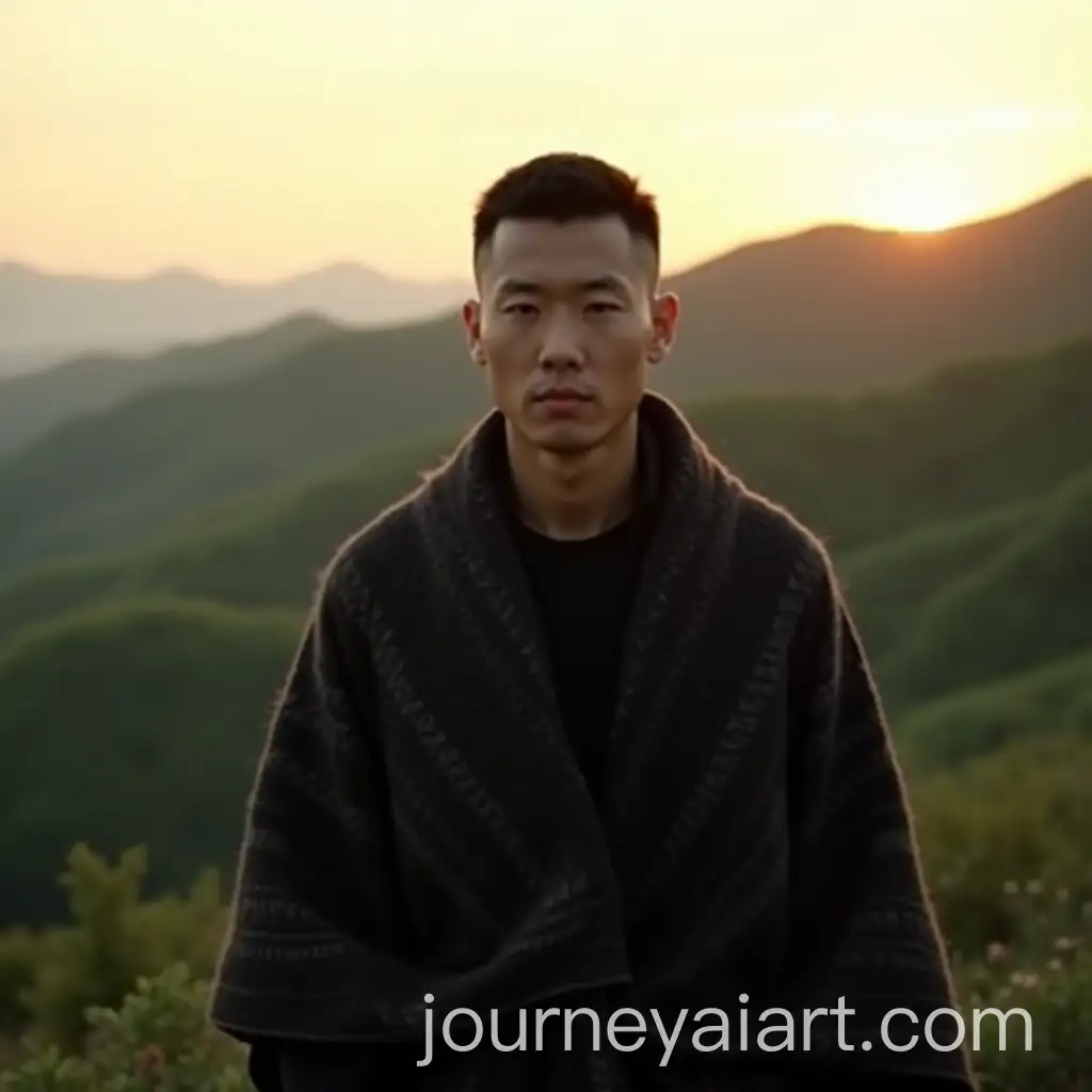 Korean-Man-in-Traditional-Blanket-Against-Sunset-Hills