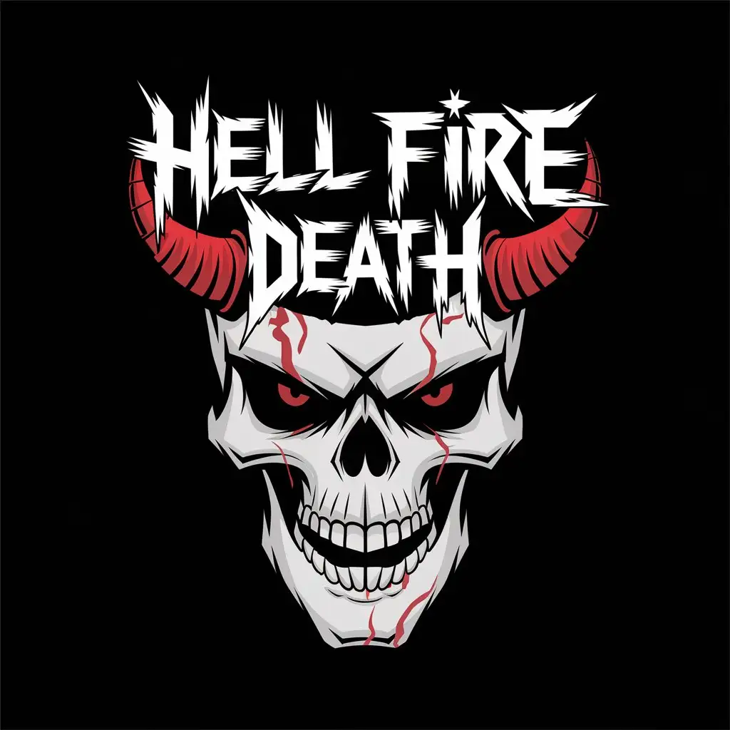 LOGO Design for Hell Fire Death Sinister Skull with Red Lines on Black Background and Demonic Inscription