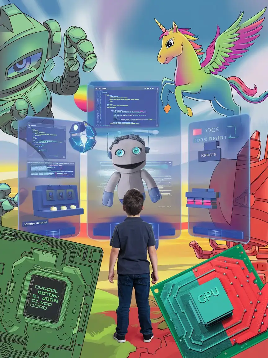 Boy-Interacting-with-Display-Screens-and-Futuristic-Tech-with-Unicorn-in-the-Sky