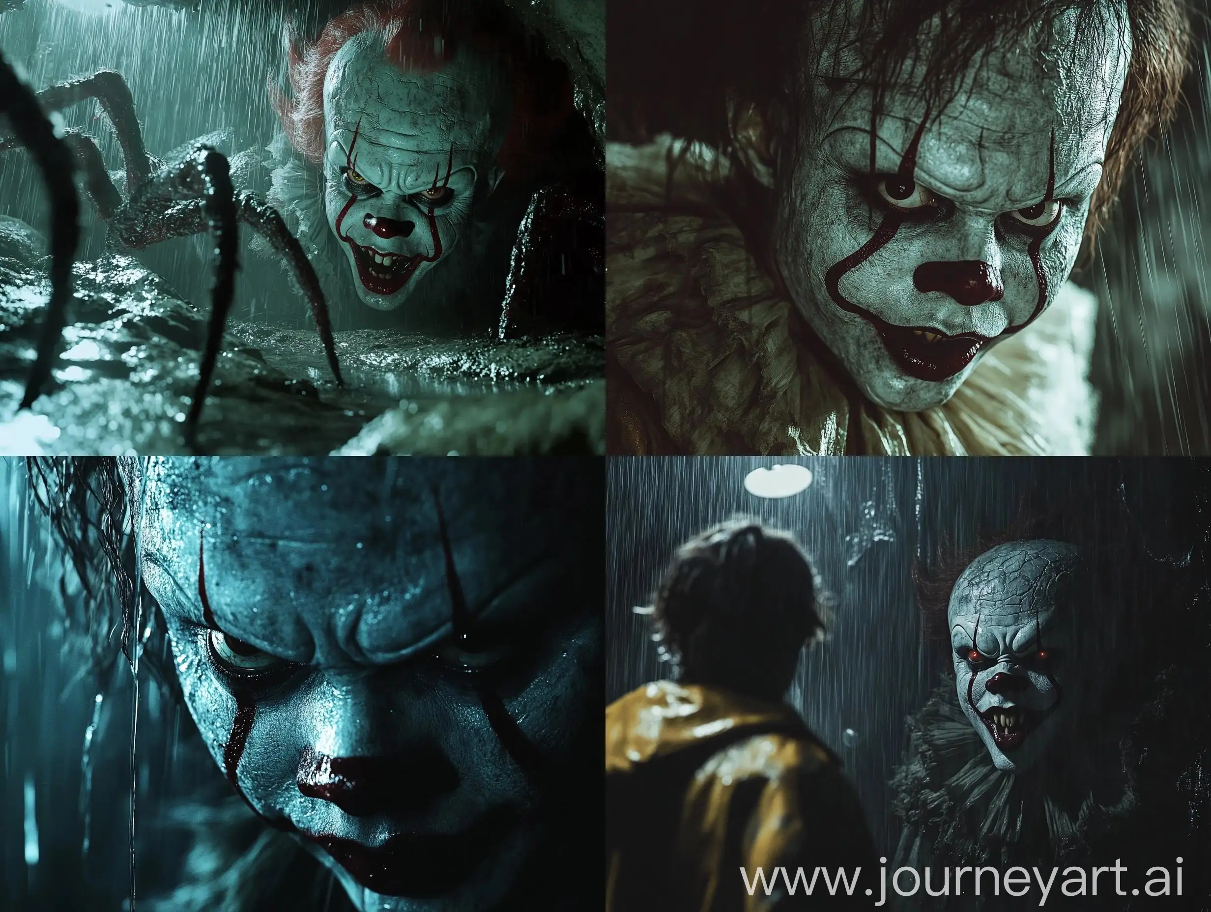 Creepy-Clown-Pennywise-in-Rainy-Cave-with-Spider-Monsters