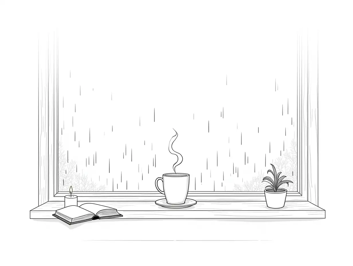 Cozy-Black-and-White-Illustration-of-Coffee-Mug-on-Windowsill-with-Raindrops