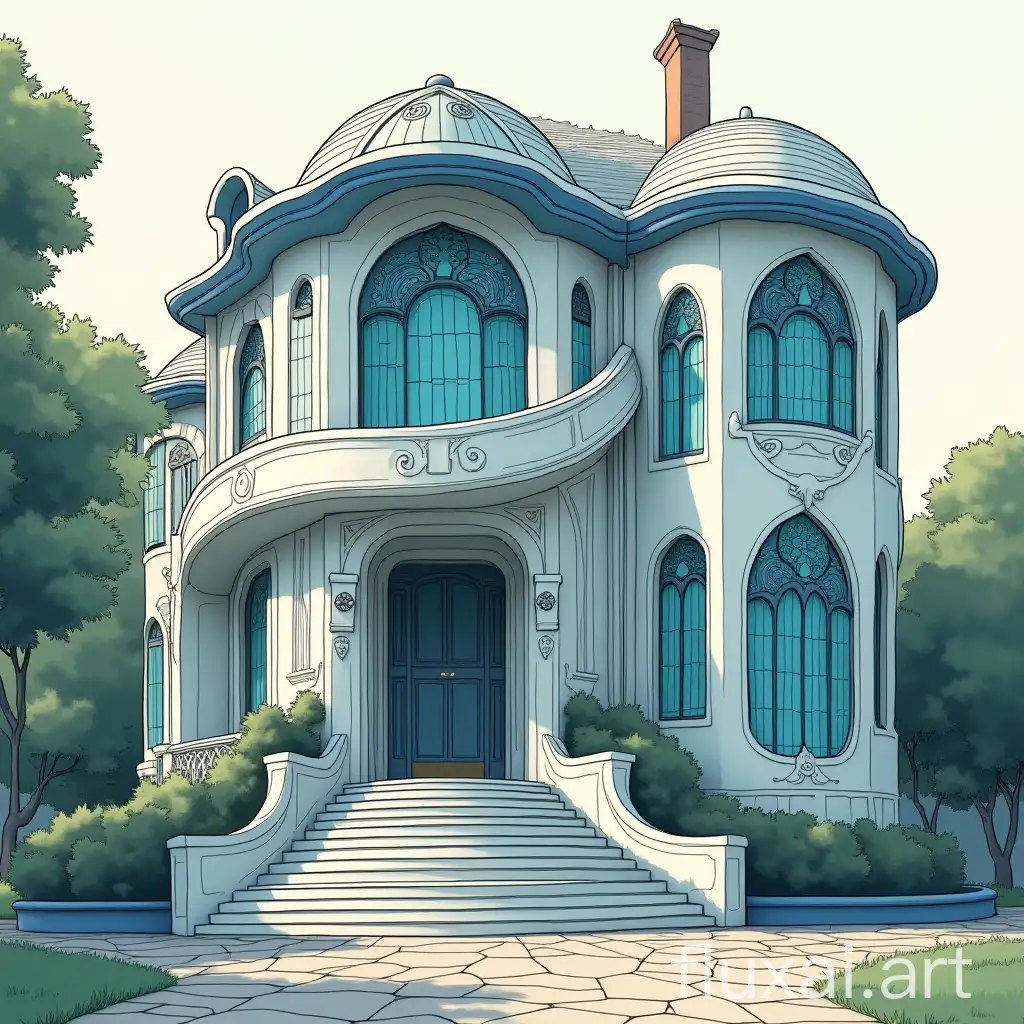 Two-story bionic curved house in shades of white and blue in Art Nouveau style, with stucco moldings in the form of plant ornaments, large windows with blue-green stained glass on the theme of knights, curved smooth shapes of windows, twisted front entrance staircase, complex curved roof, Art Nouveau style, Art Nouveau graphics of the early 20th century