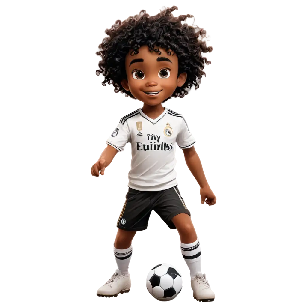 PNG-Image-of-a-Young-Black-Boy-with-Curly-Hair-in-a-Real-Madrid-Football-Uniform