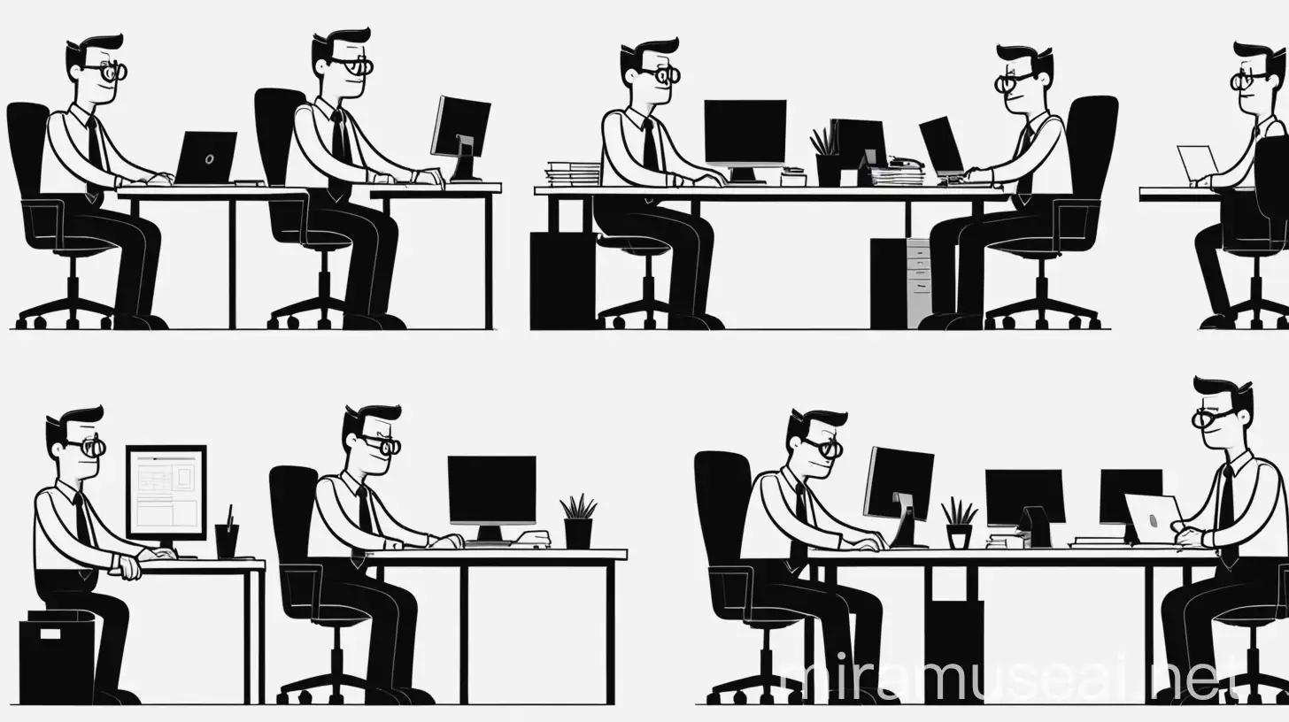 Office Workers Doing Computer Office Work in Bold Black White Cartoon Style