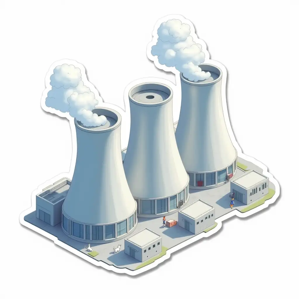 isometric vector sticker:  two cylindrical  industrial buildings of silver color with cylindrical roofs on top, behind them 3 large cooling towers of light gray-silver color, clouds rise from the cooling towers. There are small white cats in office clothes nearby. The overall image mimics the appearance of a cut-out laminated sticker, the sticker is bright in the anime style. The overall image mimics the appearance of a cut-out laminated sticker, the sticker is bright in the anime style.  die cut sticker design top-view, high resolution, vector art,  white background, paint in anime style