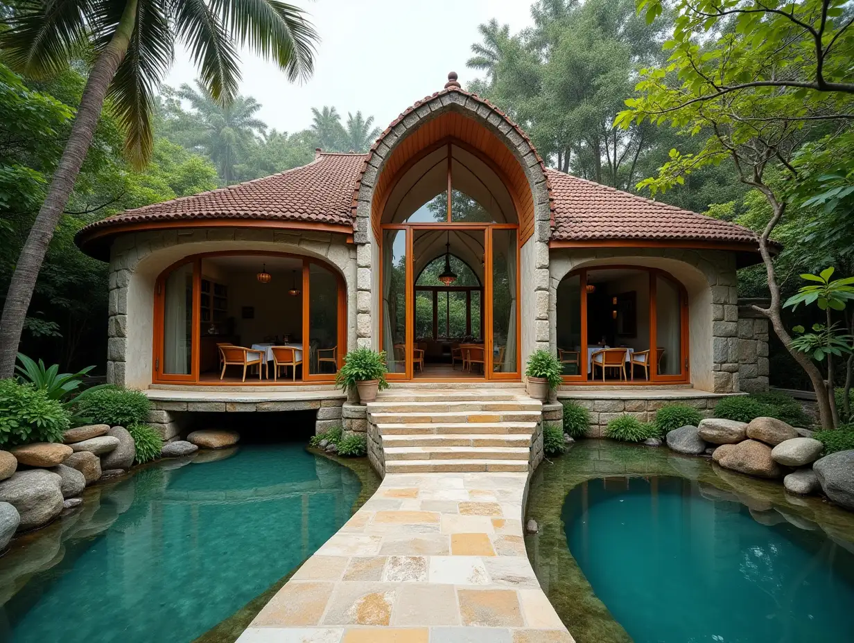 crooked house garden with beach and waterfall with tiles Stuck,large windows with glass,curved, rough window shapes, winding grand entrance steps of marble Complex curved roof with dike,Lanterns,Bank mango tree 4K resolution Colorful superWide-angle shots