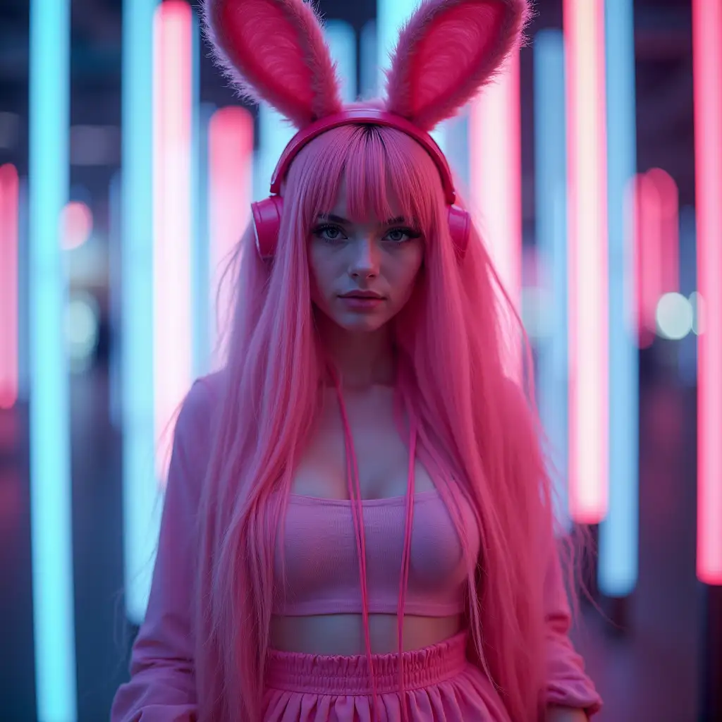 The pink bunny girl in the cyber world is a cyberpunk (full body photo), face close-up with beautiful long hair, wearing a pink skirt, pink bunny ears, pink headphones, neon lights, and a sense of technological future. Phase One XT IQ4 150MP, low exposure, high contrast, ISO 50, with an 80mm prime lens.