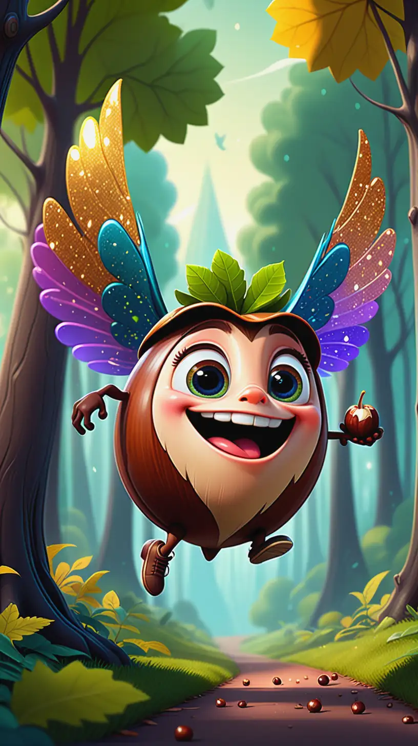 Whimsical Flying Chestnuts with Shimmering Wings in a Vibrant Forest Landscape