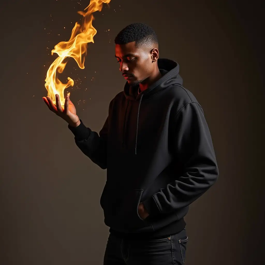 Dark-skinned haircut man in black hoodie and black jeans creates magic