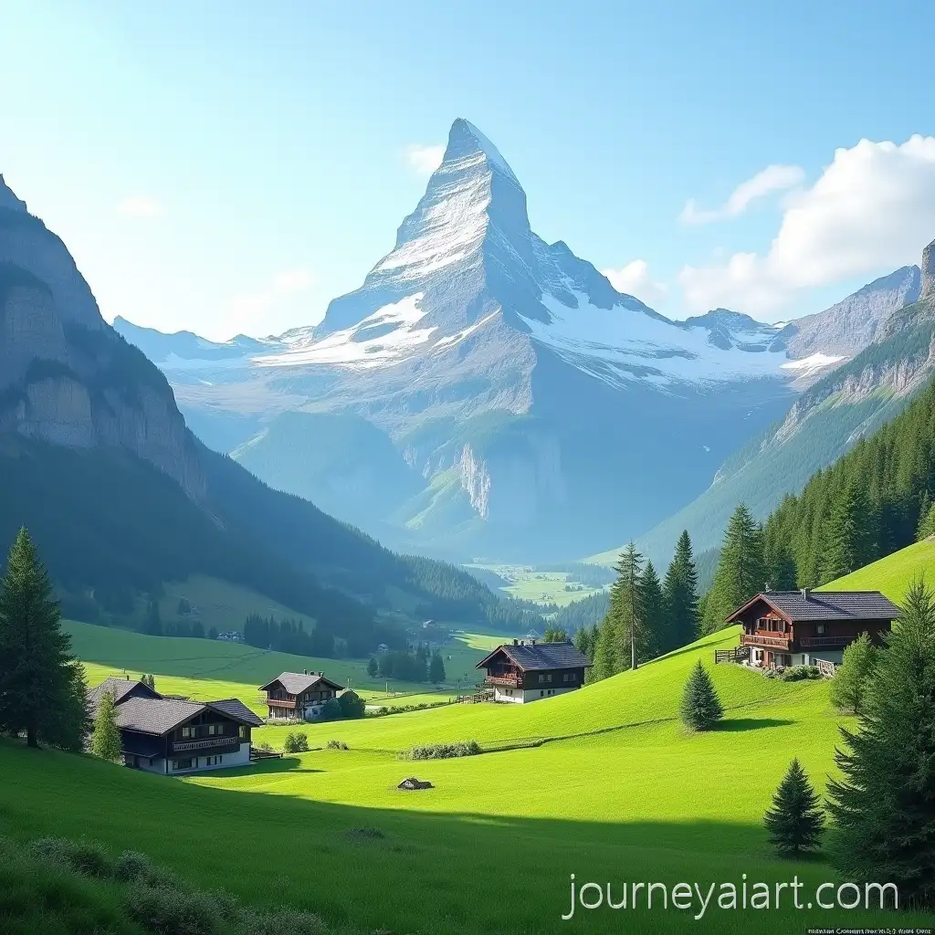Swiss-Alps-with-Matterhorn-at-the-End-of-a-Green-Valley-and-Country-HousesSwiss-Alps-with-Matterhorn