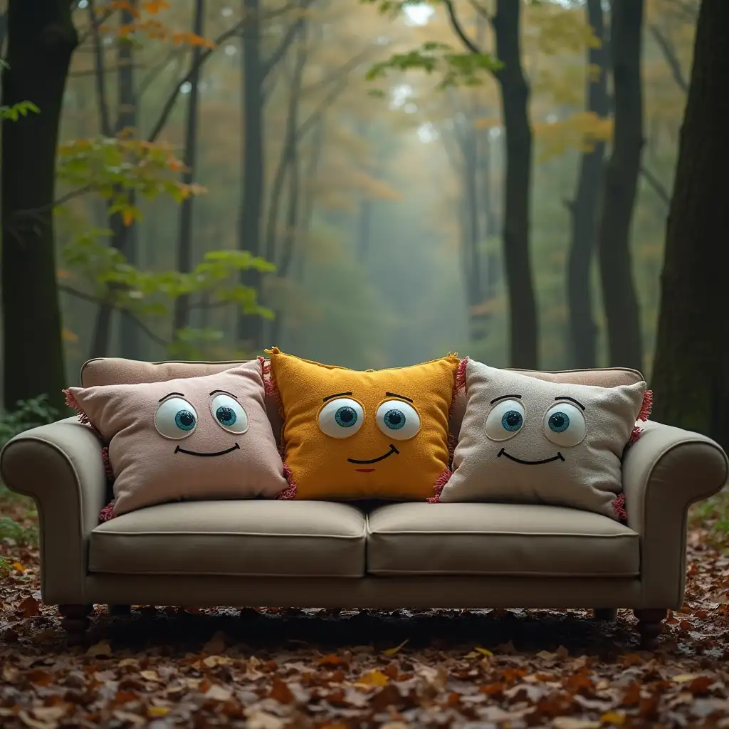 Pillows with eyes are sitting on a sofa in a deciduous forest