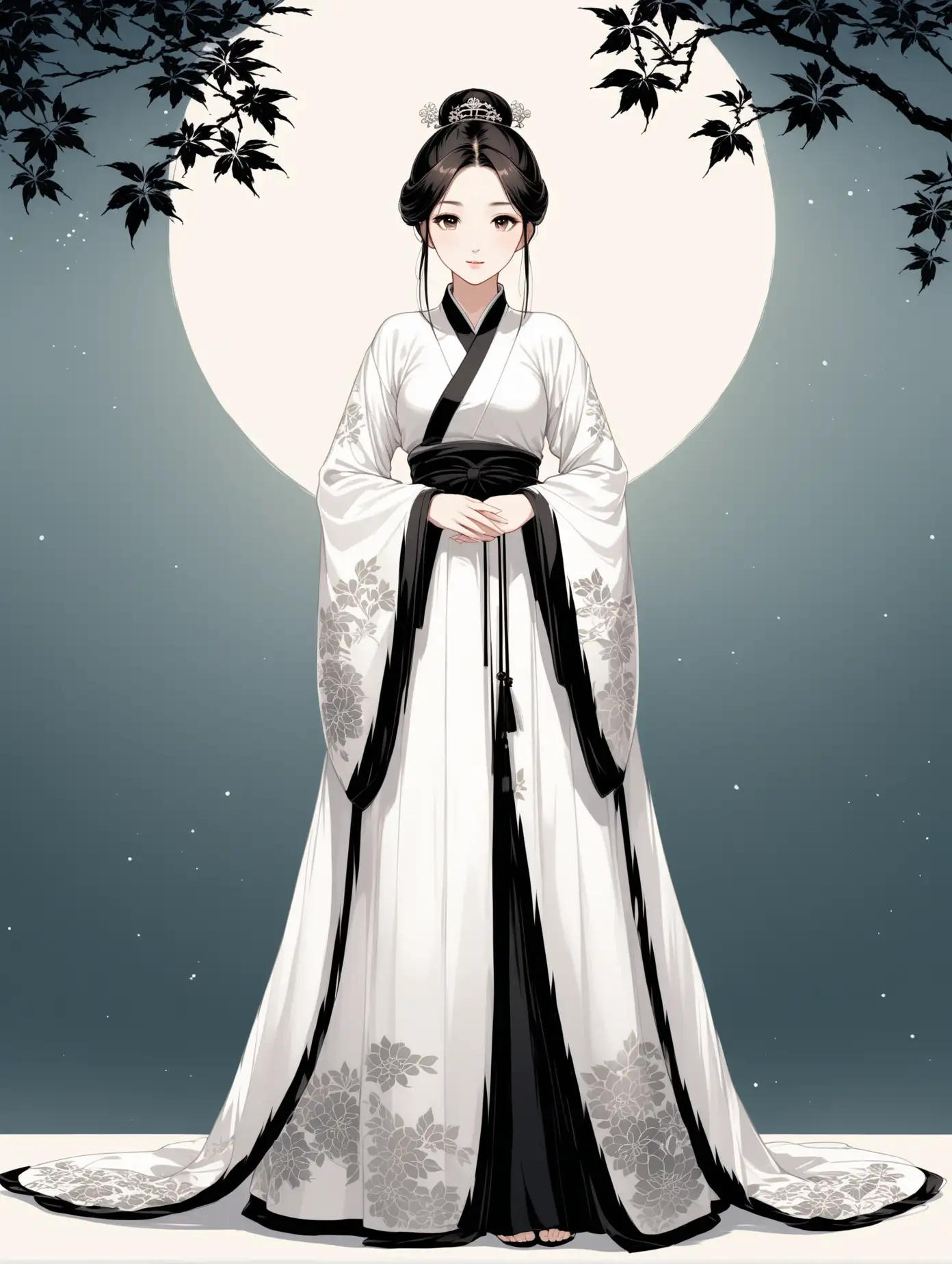 Elegant-Han-Dynasty-Woman-in-White-Hanfu-with-Black-Leaf-Patterns