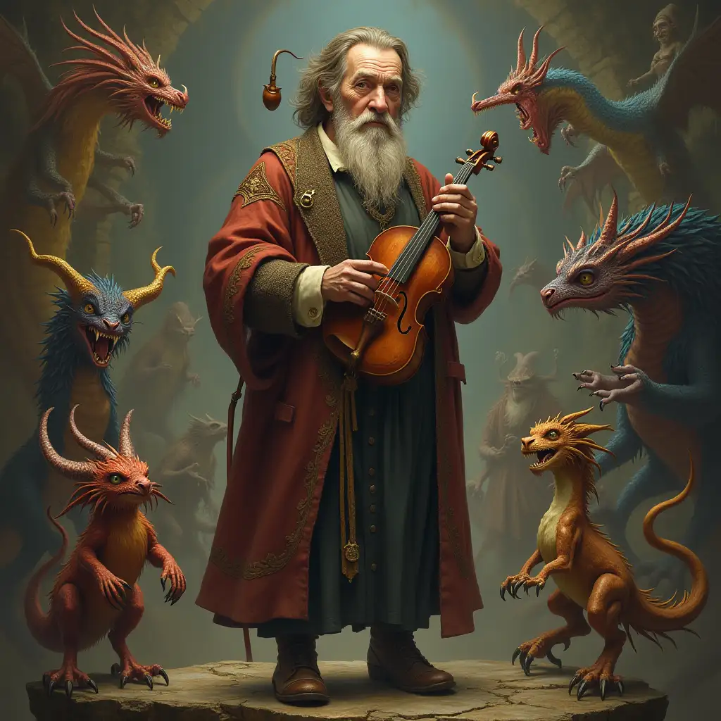 Ultradetailed hyperrealistic portrait of a thin 80 year old man with brown hair, holding a pipe and violin, standing on a table on a rock in a palace with various elaborately detailed, colorful fantastical creatures.