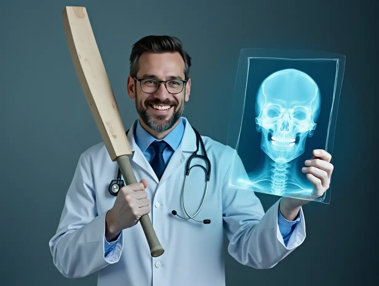 A male doctor holding a cricket bat and Xray