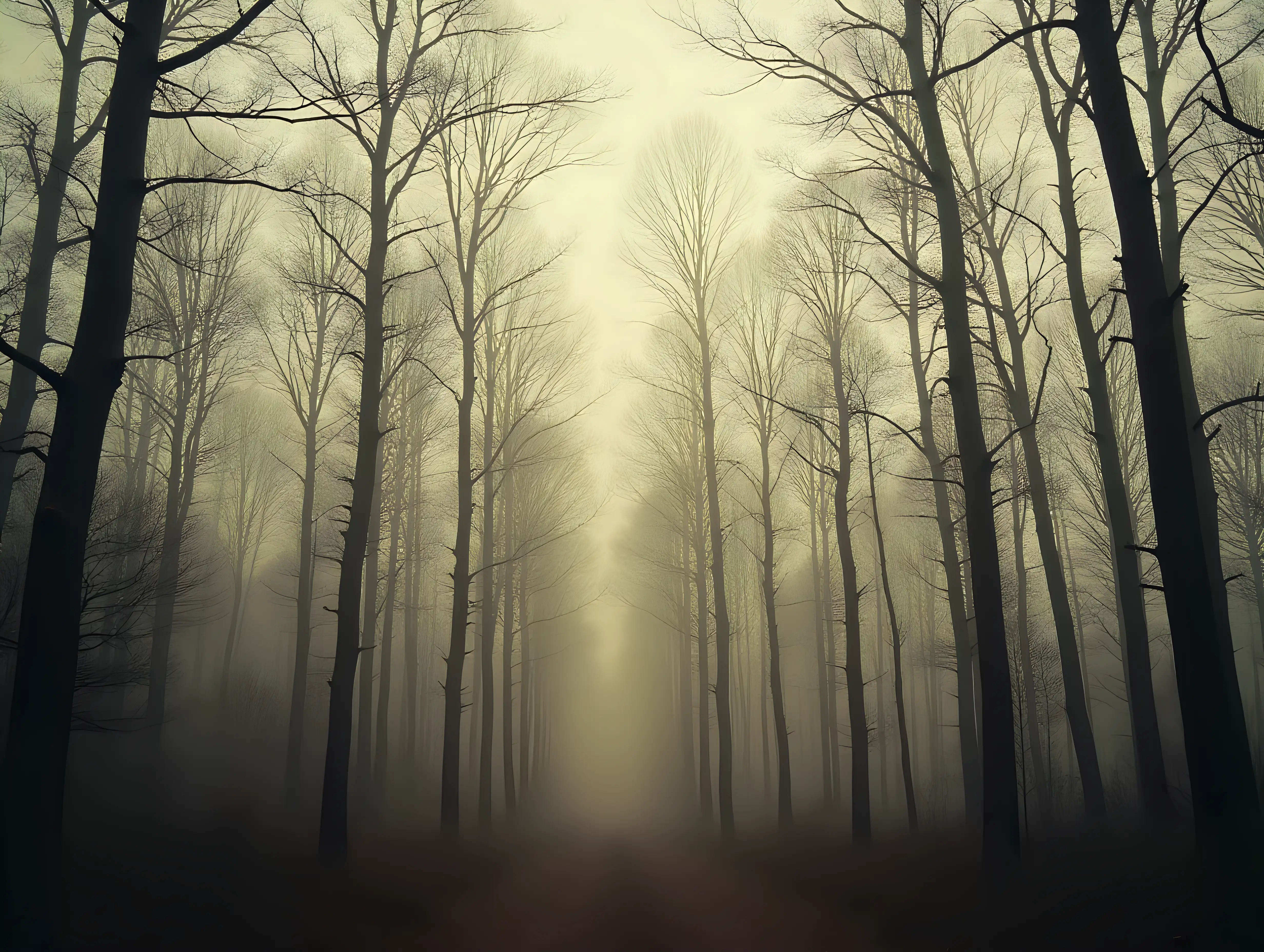 Misty-Forest-of-Tall-Leafless-Trees-Against-Overcast-Sky