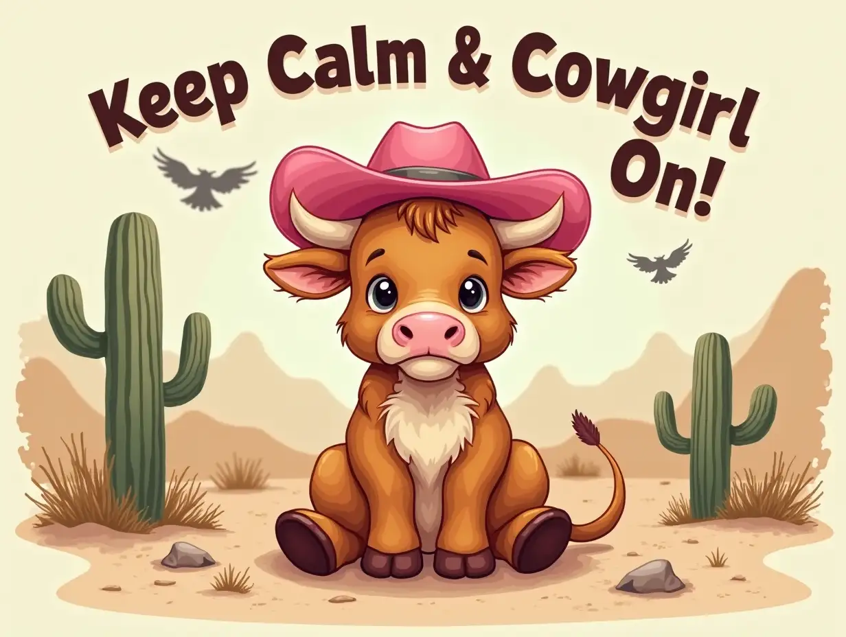 Vintage. A baby cute Highland cow wearing a pink cowboy hat sits in a desert landscape. The cow's expression is calm and confident. The phrase 'Keep Calm & Cowgirl On' is written in bold, Western-inspired lettering. The image should have a playful, country-themed aesthetic with bright colors and detailed textures. Elements such as the fur of the cow, the spines of the cacti, and the feathers of the birds should be clearly visible.