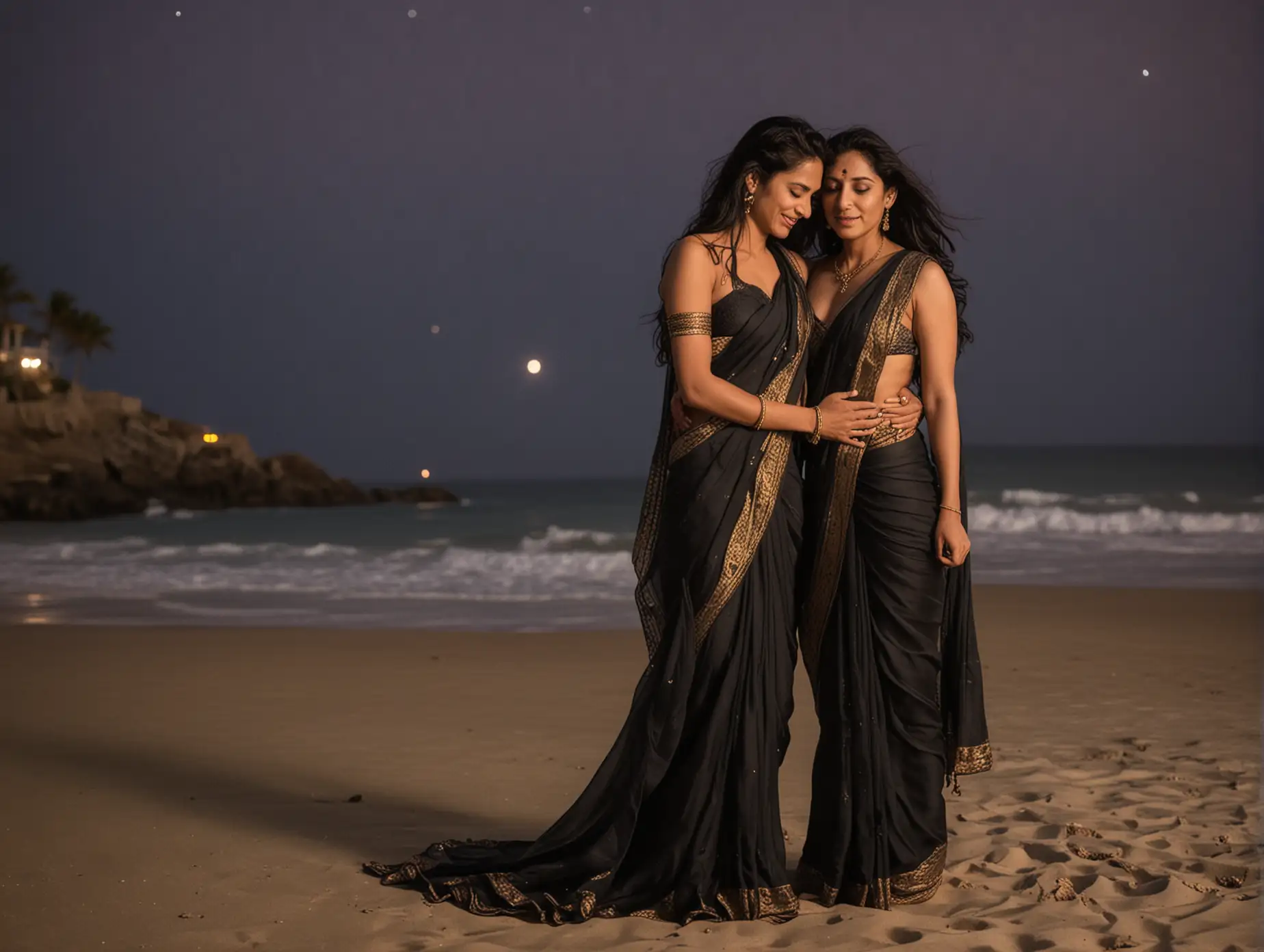 Lesbian couple honeymoon, wearing saree, black long haired, beach location, holding each other, night