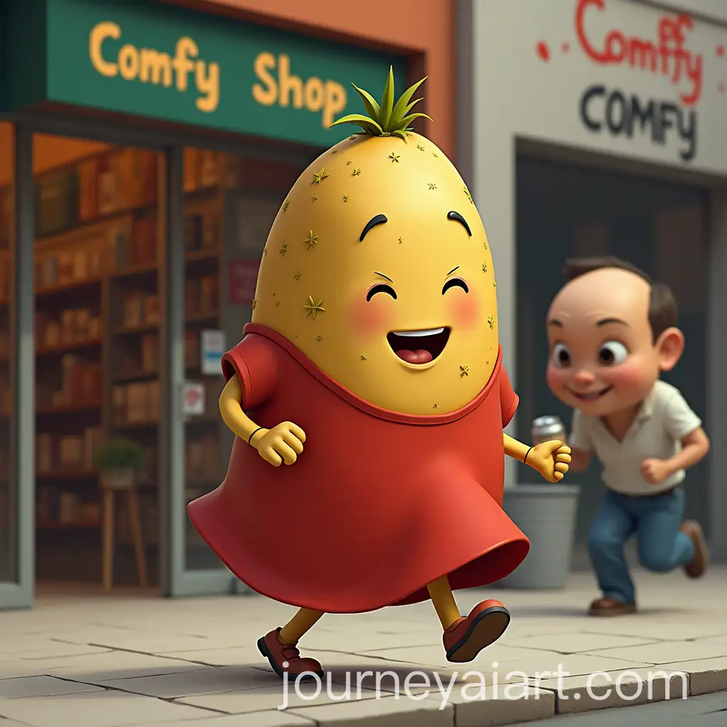 Dancing-Potato-in-Red-Dress-with-Comfy-Sign-and-BeerDrinking-Character
