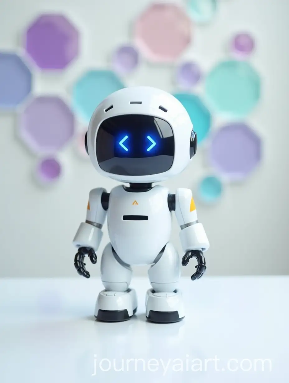Cute-White-MiniRobot-with-Glowing-Blue-Eyes-Against-Colorful-Stained-Glass-Honeycomb-Wall