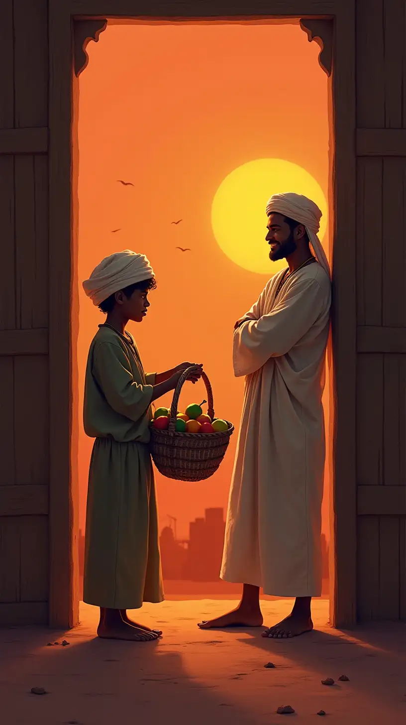 Two Friends in a Twilight Scene with a Colorful Fruit Basket