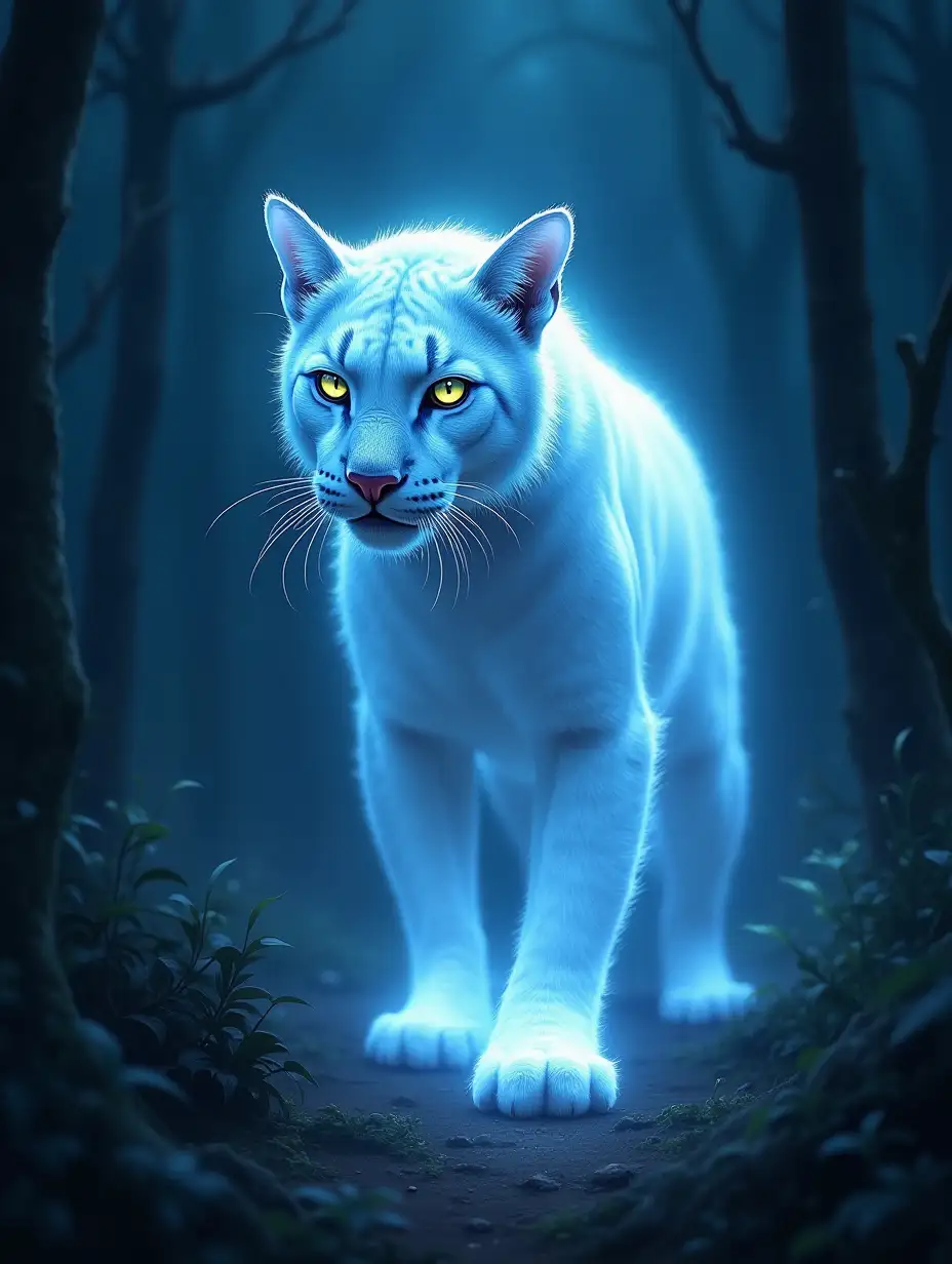 ghostly cougar lurks in the night jungle, her body is surrounded by white ectoplasm, mystical painting, glowing neon eyes, dark fantasy, hyperdetalization