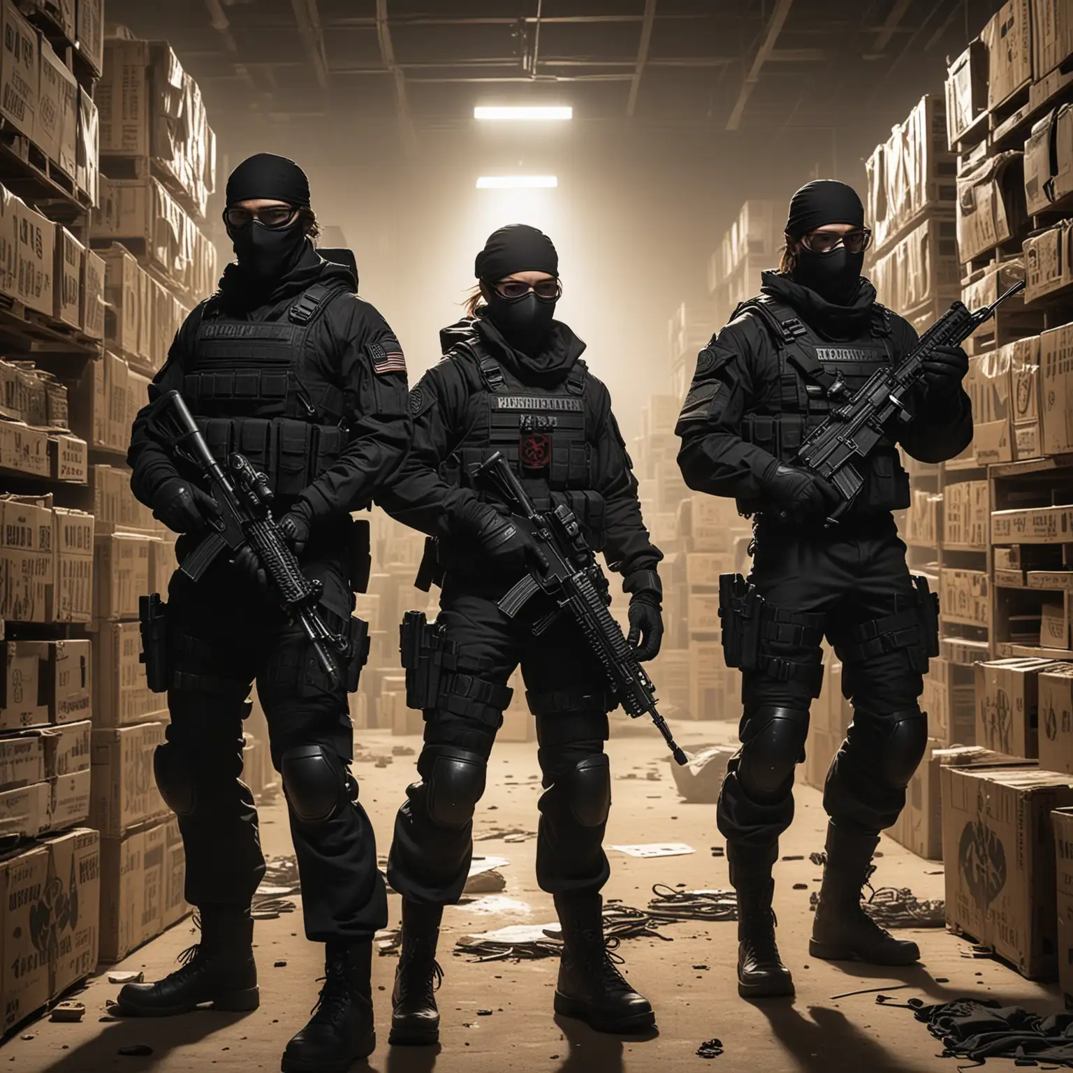 Hydra operatives in action, wearing black tactical gear and carrying advanced weapons, their faces obscured by masks with the Hydra emblem, in a tense standoff in a dimly lit warehouse filled with crates and shadowy figures, creating an atmosphere of suspense and danger, Artwork, comic book style with bold lines and dramatic shadows, --ar 16:9 --v 5