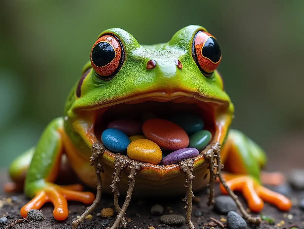 Tasty Frog Gesicht with colorful Steinpilz in mouth roots transformed into building