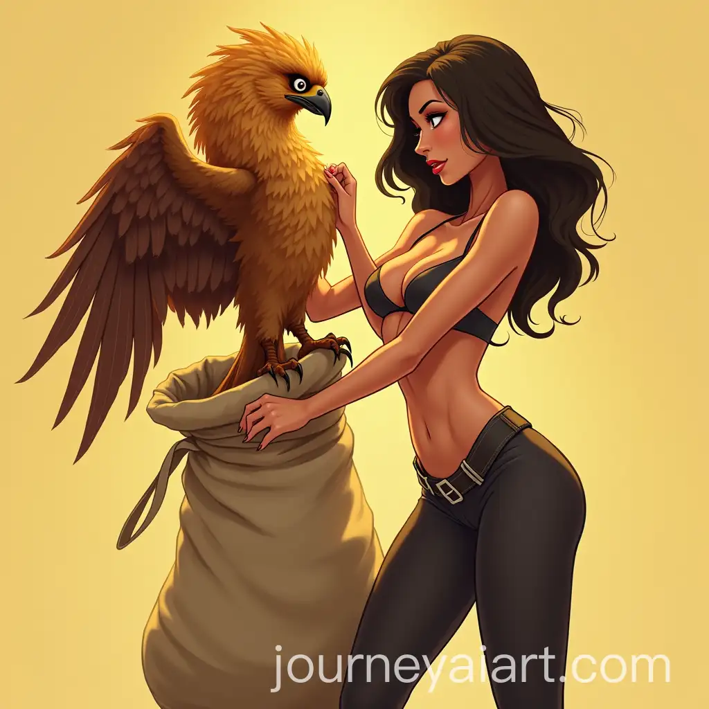 AI-Image-Prompt-ExpansionSeductive-Woman-Grabbing-a-Fearful-GoldenFeathered-Bird-in-a-Fabric-Bag