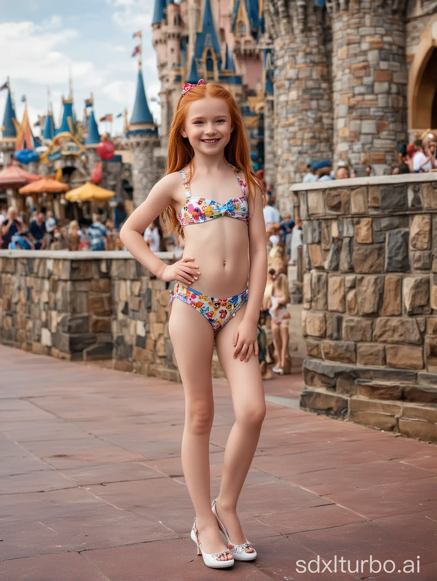 Joyful-9YearOld-Ginger-Girl-in-Disney-Bikini-and-White-High-Heels