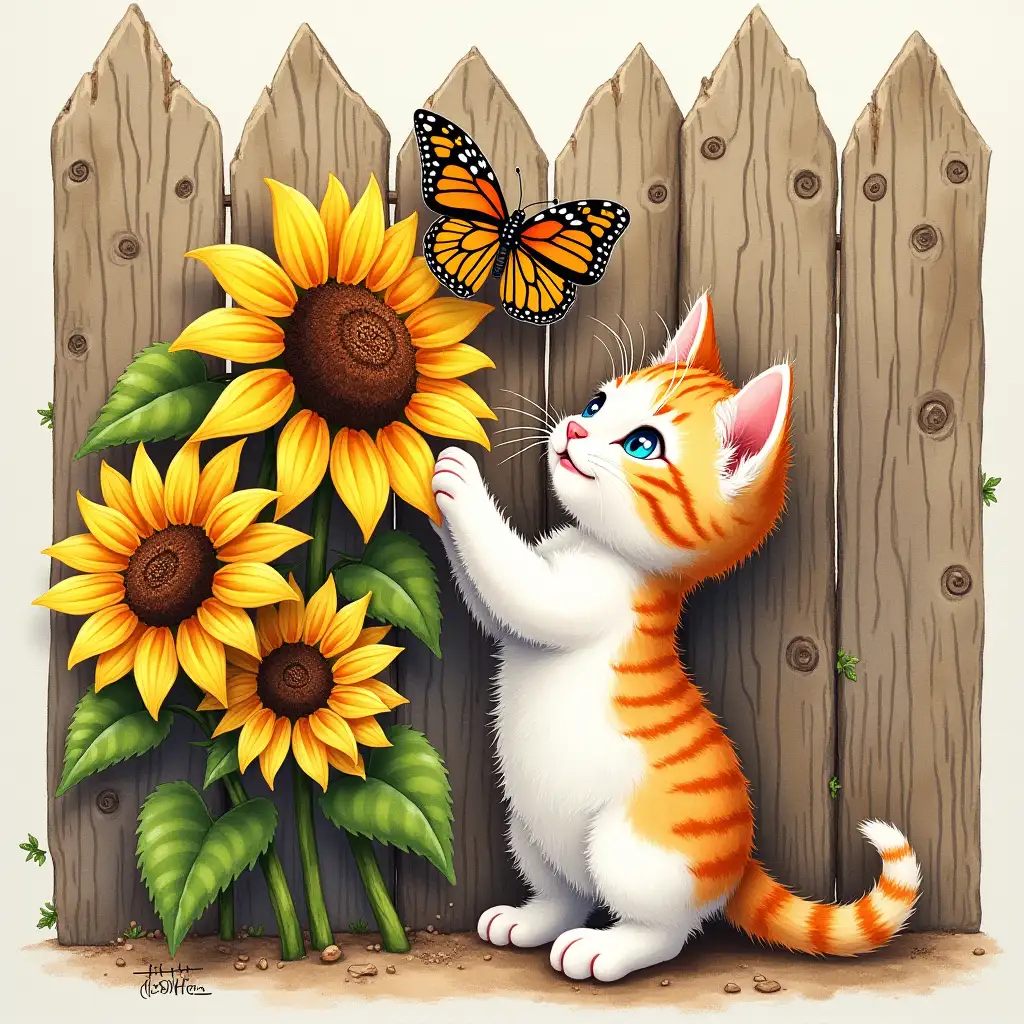 Alcohol Ink. A playful kitten reaching up towards a vibrant butterfly perched on a sunflower. The kitten's fur is a mix of orange and white, and its eyes are sparkling with curiosity. The sunflowers are in full bloom, with large yellow petals and dark brown centers. The background is a rustic wooden fence with decorative swirls and flourishes.