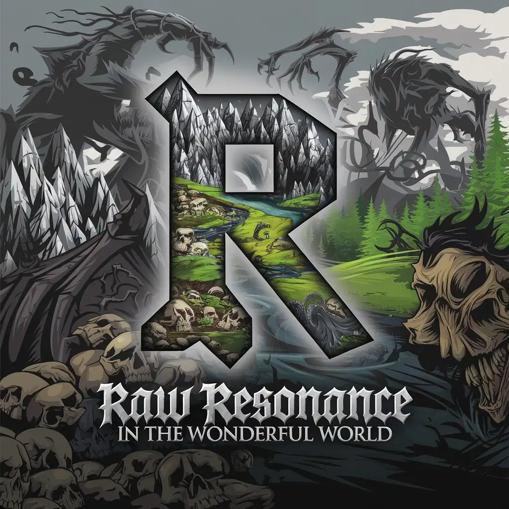 LOGO Design for Raw Resonance Photorealism with Dark Grim World and Skull Mountains