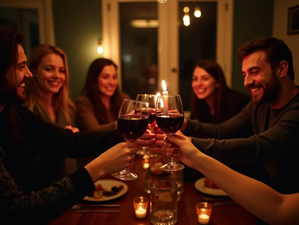 Group of happy friends toasting with glasses of red wine and celebrating Halloween during home party