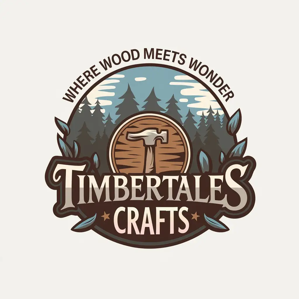 LOGO Design for TimberTales Crafts Cartoonish Hammer Symbol with Forest and Sky Background