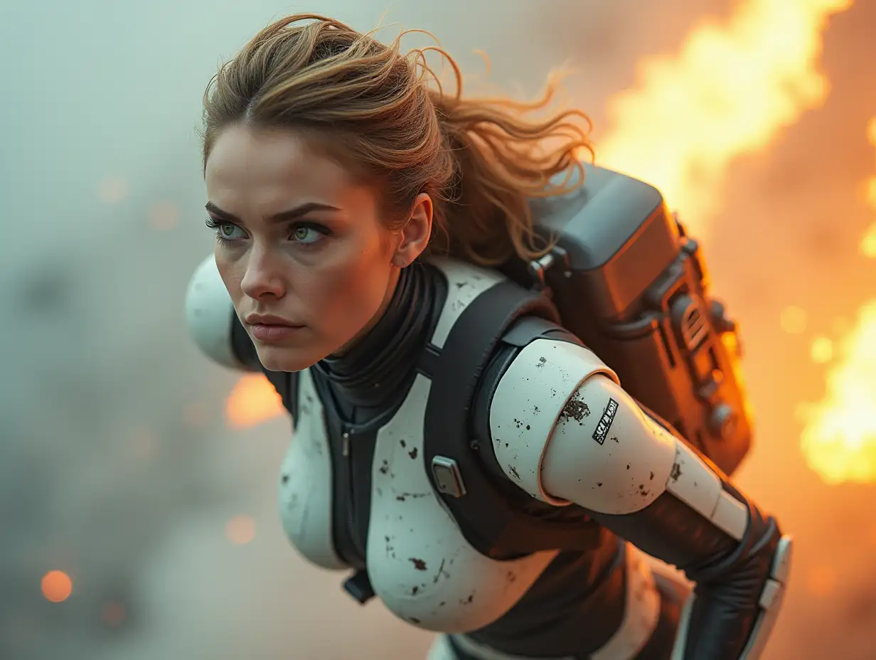 half woman, half robot cyborg. flying,  jetpack on back, pointing down, spewing flame and smoke. woman looks to her left with a fierce look