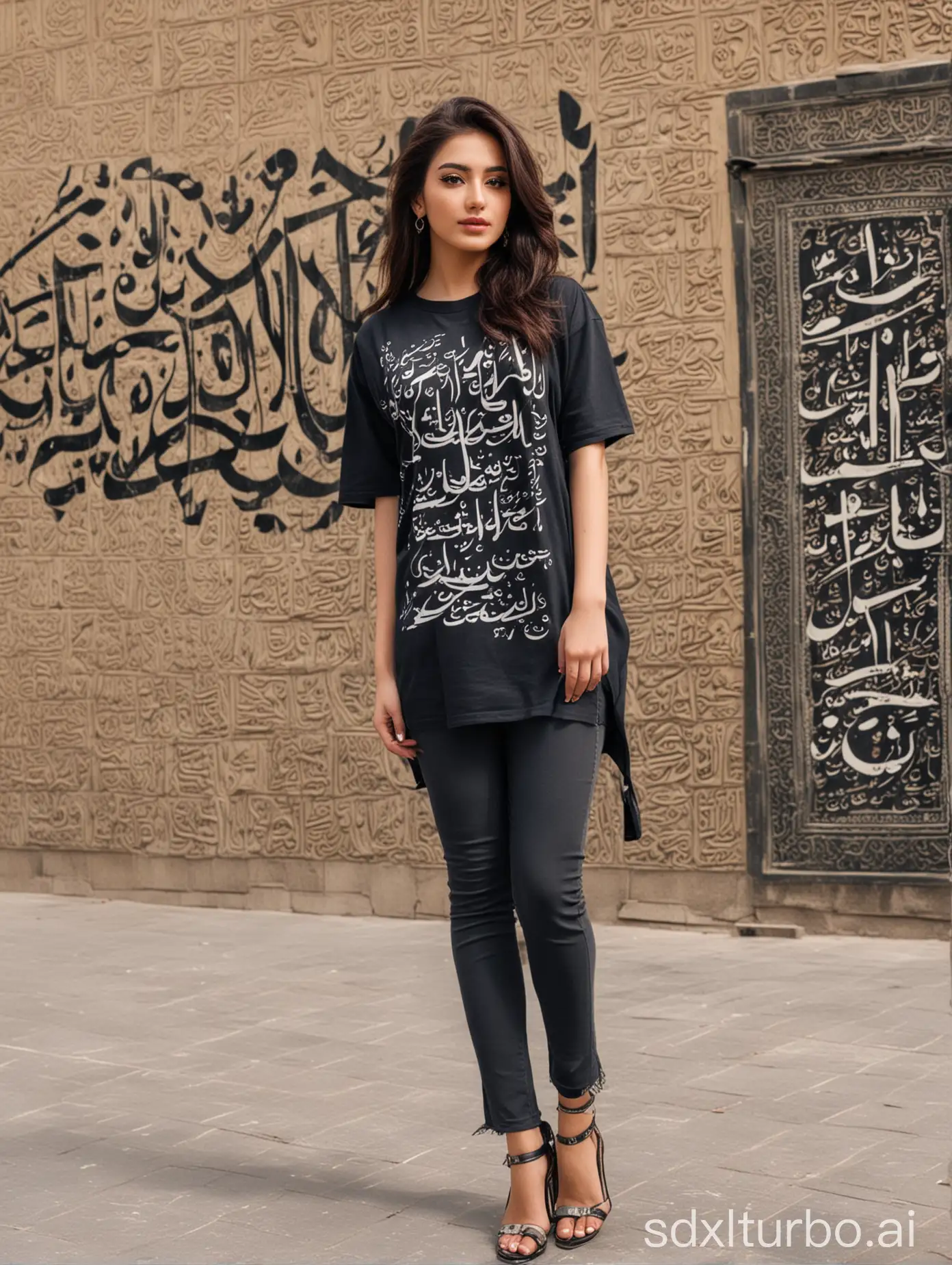 eastern girl fashion model  wear a Persian calligraphy over size t-shirt and pose for photoshot in Tehran streets
