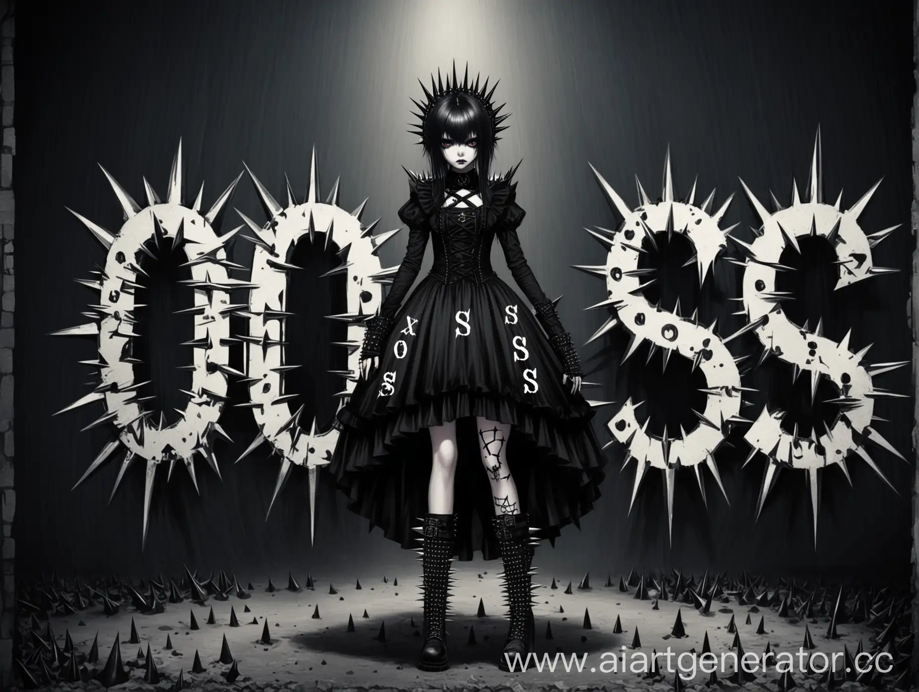 Gothic-Girl-in-Spiked-Boots-Standing-defiantly-in-front-of-a-Crossed-Out-SOS