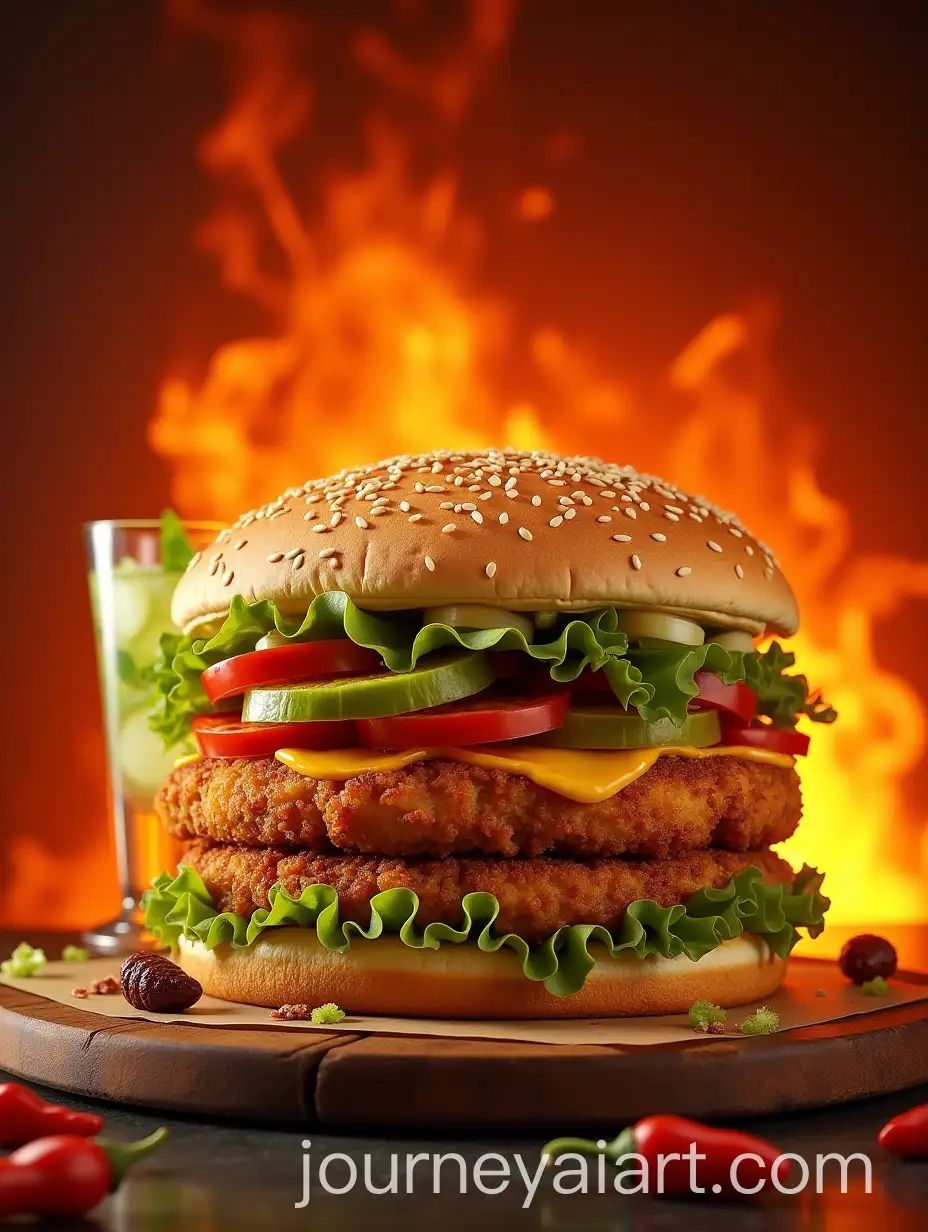 Giant-Burger-with-Fried-Chicken-and-Mojitos-on-Fiery-Background
