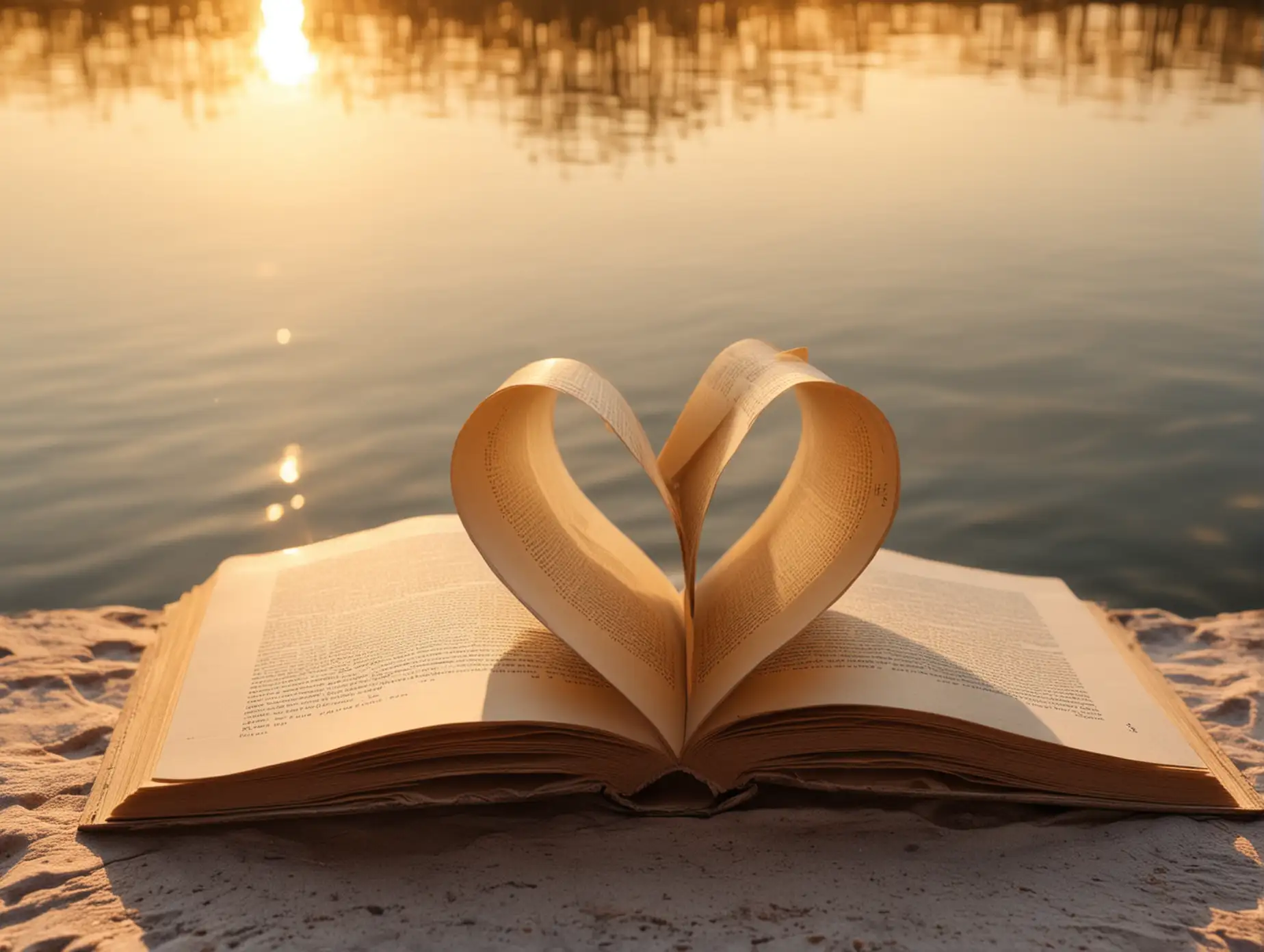 A close-up of an open book with its pages gently folded into a heart shape, set against the backdrop of a serene sunset over a calm lake. The golden hues of the sunset reflect on the water, creating a warm and tranquil atmosphere.