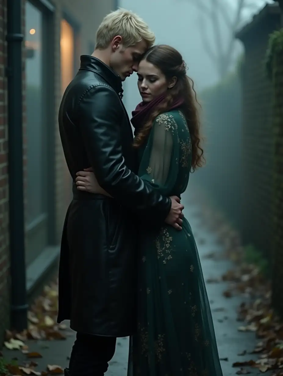 Ultra-realistic side view photo. Very early autumn morning, thick fog. Backyard of a London shop. Young man stands with his back against the wall and hugs a young woman from behind. She stands with her back to him, her arms down. They are both covered with a translucent floor-length robe with exquisite patterns. He puts one arm around her waist and the other over her shoulders, trying to warm her. This is Draco Malfoy, a handsome very tall 25-year-old blue-eyed man with a thin face, high sharp cheekbones and a sharp chin, pale skin, smooth platinum blond hair, brutal, muscular. He is dressed in a black leather jacket, black jeans and boots. Young beautiful woman 20-year-old Hermione Granger, with pale skin, brown eyes, with loose long fluffy wavy brown hair. She is dressed in a dark swamp-green long coat, jeans and boots, with a voluminous burgundy scarf around her neck.