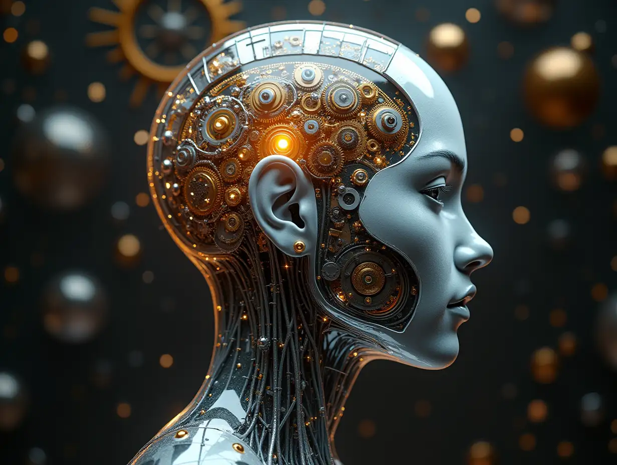 Create a high-resolution, realistic image of an artificial intelligence with gears on the cheeks and a glass head with visible platinum brain with many gears, optical fiber cable bundles at the neck, LED light face in 3d 4k resolution with a background of gold and silver ornaments background