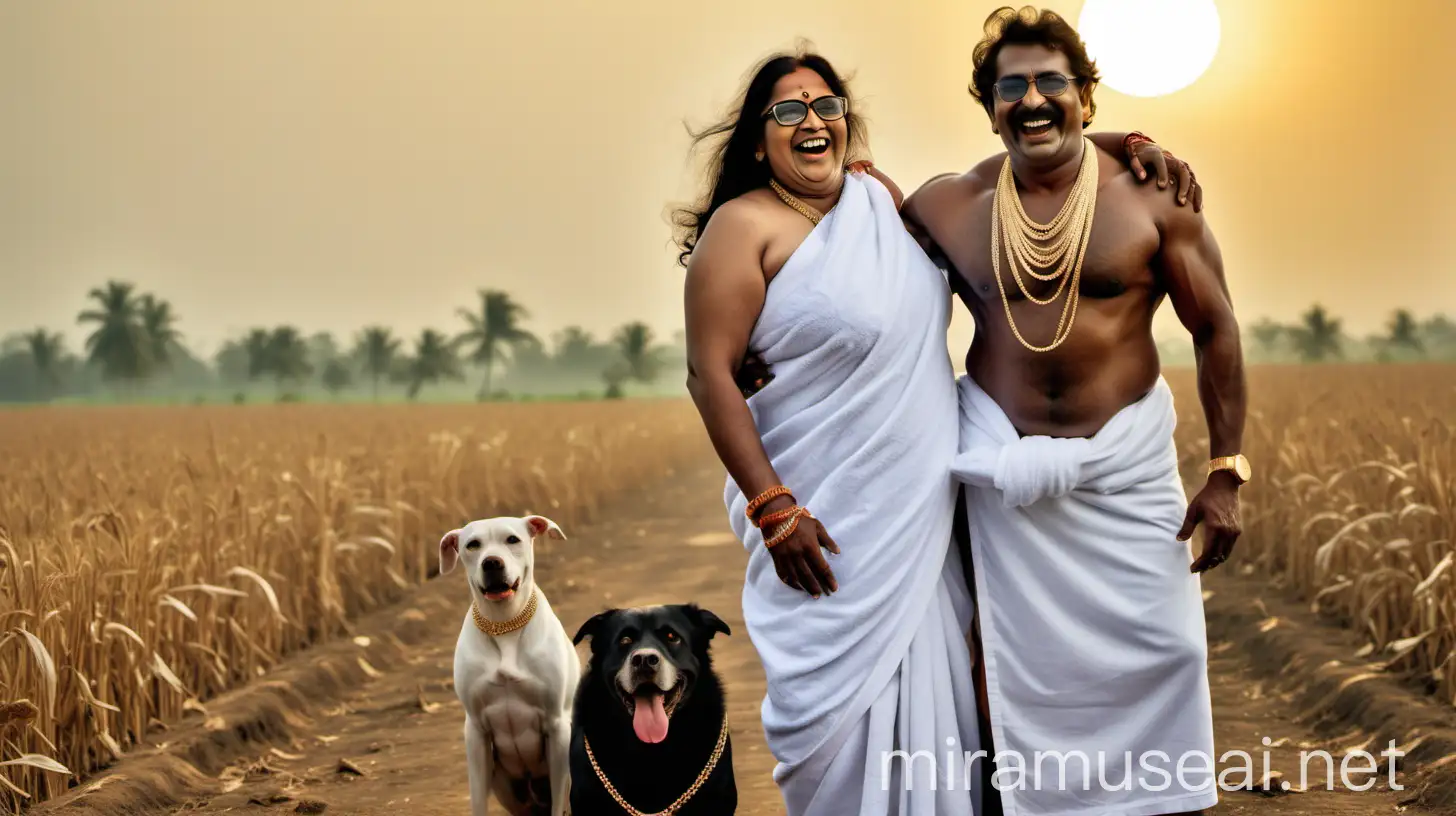 Muscular Bodybuilder and Curvy Woman Laughing in Village Harvesting Field at Sunset