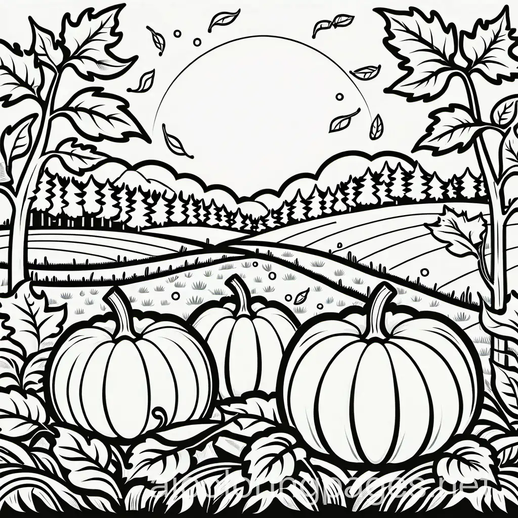 Charming-Pumpkins-Surrounded-by-Falling-Leaves-in-a-Coloring-Page