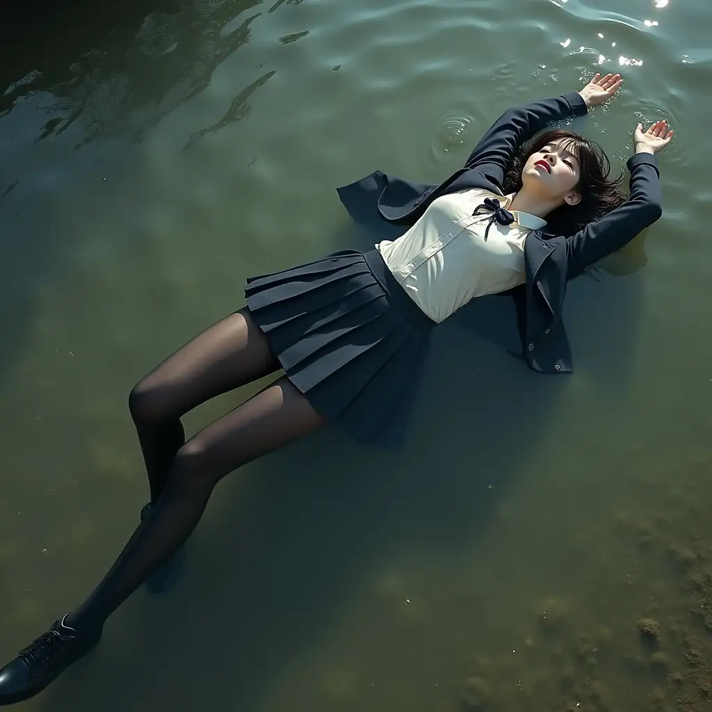 choolgirl in a school uniform, in a skirt, jacket, blouse, dark tights, high-heeled shoes. She is swimming in a dirty pond, lying underwater, all her clothes are completely wet, wet clothes stick to her body, the whole body is underwater, submerged in water, under the surface of the water, below the water's edge.