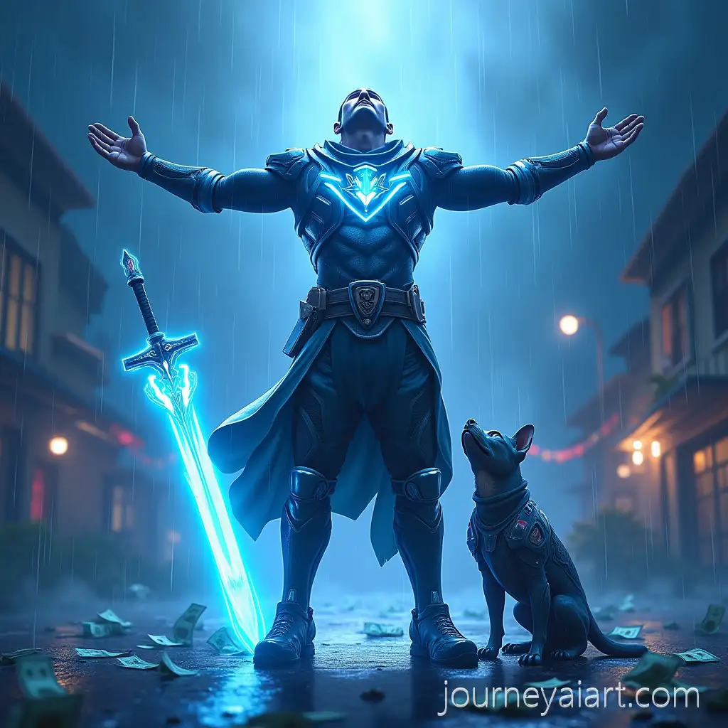 Heroic-Free-Fire-Max-Character-with-Luminous-Sword-and-Cybernetic-Pet-Under-Stormy-Skies