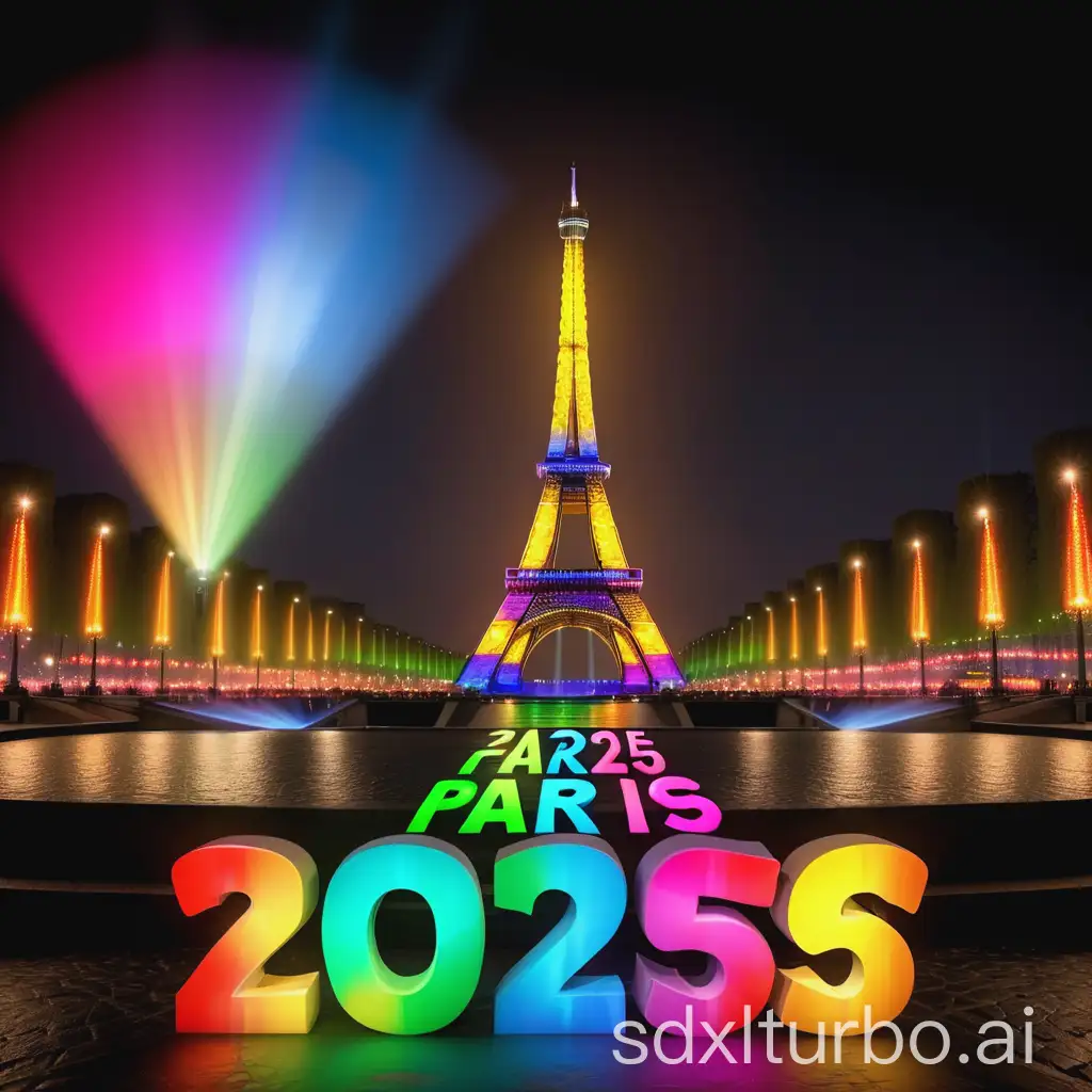 Put the very colorful numbers of the year 2025 in front of the illuminated Eiffel Tower in Paris and with a stage light illuminating