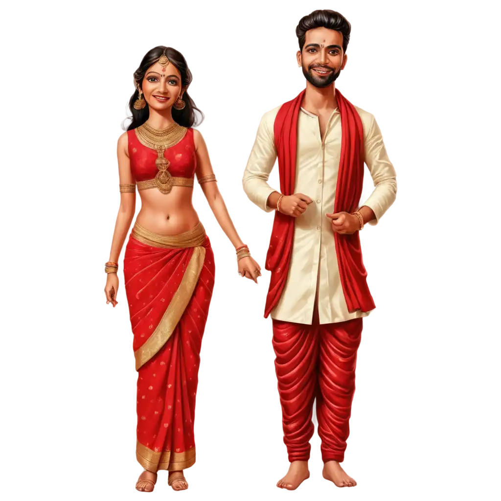 Exquisite-South-Indian-Wedding-Couple-Caricature-in-PNG-Format-Bride-in-Dhoti-and-Groom-in-Red-Saree