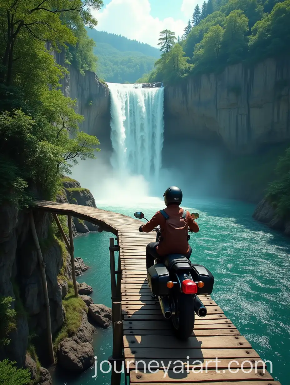 Motorcycle-Ride-on-WoodenAI-Art-Prompt-Expansion-Bridge-Over-Cliff-with-Waterfall-View